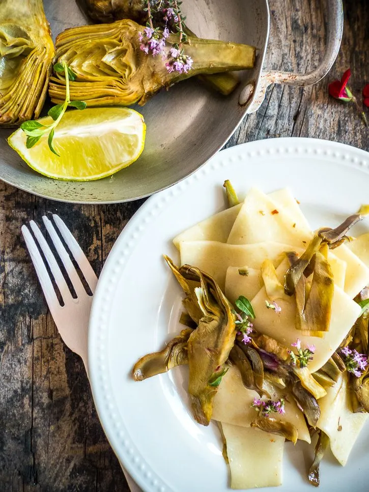 Pâtes artichaut poivrade & citron façon maltagliati